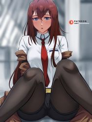 Rule 34 | 1girl, :o, absurdres, black shorts, blurry, blurry background, brown coat, brown hair, brown pantyhose, coat, highres, indoors, keisukeaero, long hair, long sleeves, looking at viewer, makise kurisu, necktie, open mouth, pantyhose, polo shirt, purple eyes, red necktie, shirt, shorts, solo, steins;gate, white shirt