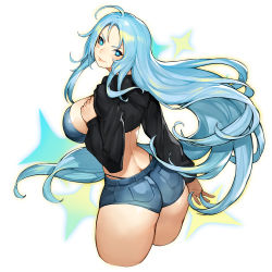 Rule 34 | + +, 1girl, ass, back, black hoodie, black panties, blue bra, blue eyes, blue hair, blue shorts, blush, bra, breasts, commentary, commission, cropped hoodie, cropped legs, english commentary, flat ass, forehead, gurimjang, highleg, highleg panties, highres, hood, hood down, hoodie, huge breasts, large breasts, long hair, looking at viewer, looking back, narrow waist, original, outline, panties, pixiv commission, revealing clothes, short shorts, shorts, smile, solo, thick thighs, thighs, turning head, underwear, very long hair