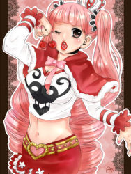 Rule 34 | 1girl, belt, blush, buckle, capelet, cherry, crown, food, fruit, heart, lipstick, long hair, looking at viewer, makeup, midriff, navel, one piece, open mouth, perona, pink hair, red lips, red skirt, short cape, skirt, solo, twintails, very long hair, wink