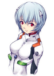 Rule 34 | 1girl, ayanami rei, blue hair, blush, bodysuit, brooch, closed mouth, gem, headgear, interface headset, jewelry, looking at viewer, neon genesis evangelion, plugsuit, short hair, silver hair, simple background, smile, solo, upper body, waku, waku (artist), white background