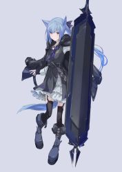 Rule 34 | 1girl, :&lt;, absurdres, animal ears, blue hair, blue tail, bow, closed mouth, frills, garter straps, grey background, hair bow, highres, holding, holding shield, long hair, looking at viewer, mikisai, original, purple eyes, shield, sidelocks, simple background, solo, sword, tail, thighhighs, weapon