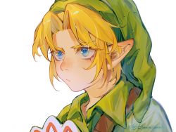 Rule 34 | 1boy, artist name, baomianzi, blonde hair, blue eyes, blush, frown, green headwear, green shirt, highres, link, nintendo, parted bangs, pointy ears, portrait, shirt, short hair, simple background, solo, the legend of zelda, white background