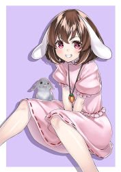 Rule 34 | 1girl, animal ears, between legs, blush, bright pupils, brown hair, carrot necklace, dress, drop shadow, grin, hand between legs, inaba tewi, jewelry, looking at viewer, necklace, pendant, pink dress, puffy sleeves, rabbit, rabbit ears, red eyes, short hair, short sleeves, simple background, smile, solo, touhou, unowen, v arms