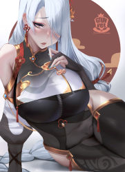 Rule 34 | 1girl, bare shoulders, breasts, clothing cutout, detached sleeves, earrings, genshin impact, grey eyes, gtunver, hair over one eye, hand on own chest, highres, japanese clothes, jewelry, large breasts, leaning to the side, legs together, lips, nail polish, one eye covered, shenhe (genshin impact), thigh cutout, white hair, zipper