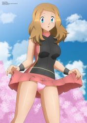 Rule 34 | 1girl, black jacket, blue eyes, blush, breasts, brown hair, cherry blossoms, clothes lift, cloud, creatures (company), game freak, jacket, large breasts, long hair, looking at viewer, nintendo, open mouth, panties, pink panties, pokemon, pokemon xy, red jacket, red skirt, serena (pokemon), skirt, skirt lift, sky, sleeveless, sleeveless jacket, standing, tree, underwear, wristband, zel-sama