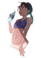 Rule 34 | 1girl, bad id, bad pixiv id, black hair, blue eyes, bottle, breasts, collarbone, eyebrows, groin, highres, looking away, navel, nucomas, open mouth, original, panties, panty pull, ponytail, pulled by self, simple background, small breasts, solo, sports bra, sweat, tan, tanline, underwear, underwear only, water bottle, white background