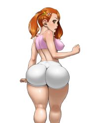Rule 34 | 10s, 1girl, anjou naruko, ano hi mita hana no namae wo bokutachi wa mada shiranai., ass, back, breasts, crop top, drawfag, earrings, from behind, hair ornament, hairclip, highres, huge ass, jewelry, large breasts, long hair, looking back, matching hair/eyes, nikcesco, nude, open mouth, orange eyes, orange hair, shorts, skin tight, solo, strapless, stud earrings, thick thighs, thighs, transparent background, tube top, twintails, wide hips
