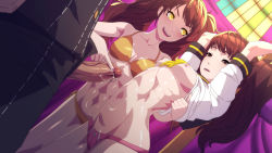Rule 34 | 1boy, 2girls, abs, absurdres, arms up, assisted exposure, atlus, bikini, blsh (blshwrks), bow, bow panties, breasts, brown eyes, brown hair, clothes lift, gold bikini, highres, kujikawa rise, lifting another&#039;s clothes, long hair, looking at penis, medium breasts, multiple girls, nipples, no bra, panties, penis, persona, persona 4, pole, precum, self-upload, sexual coaching, shadow rise, shiny skin, shirt lift, stripper pole, swimsuit, uncensored, underwear, yellow eyes