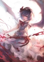 Rule 34 | 1girl, bat wings, blood, blue hair, hat, ks (xephyrks), looking at viewer, open mouth, red eyes, red ribbon, remilia scarlet, ribbon, short hair, skirt, smile, solo, touhou, vampire, wings