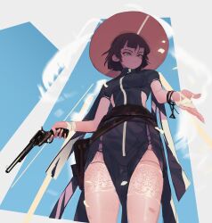 Rule 34 | 1girl, absurdres, belt, black dress, blue sky, brown belt, cape, closed mouth, cowboy hat, day, dress, from below, gun, handgun, hat, highres, holding, holding gun, holding weapon, holster, lace, lace-trimmed legwear, lace trim, original, outdoors, polilla, revolver, short hair, sky, solo, standing, thighhighs, weapon, white thighhighs, yellow eyes