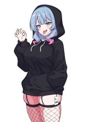 Rule 34 | 1girl, black hoodie, blue eyes, blue hair, blush, cowboy shot, fishnet thighhighs, fishnets, forked tongue, hatsune miku, hood, hood up, hoodie, light blue hair, long hair, long sleeves, multicolored hair, open mouth, pink hair, skindentation, solo, thighhighs, tongue, tongue out, torinokawori, vocaloid