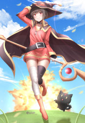 Rule 34 | 1girl, absurdres, bandaged leg, bandages, belt, belt buckle, blue sky, blush, brown footwear, brown hair, buckle, cape, choker, chomusuke, cloud, curved horizon, explosion, fingerless gloves, fire, gloves, hat, highres, holding, holding clothes, holding hat, kono subarashii sekai ni shukufuku wo!, looking at viewer, megumin, red eyes, red tunic, single thighhigh, sky, smile, solo, standing, standing on one leg, thighhighs, thighs, tunic, twitter username, witch hat, zildt
