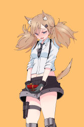 Rule 34 | 1girl, animal ears, blonde hair, blue eyes, blush, box, breasts, cat ears, cat tail, citron80citron, collared shirt, commentary request, dog tags, embarrassed, gift, gift box, girls&#039; frontline, gloves, hair between eyes, hair ornament, hairclip, highres, holding, holding gift, idw (girls&#039; frontline), long hair, medium breasts, midriff, navel, necktie, open mouth, shirt, shorts, sleeves rolled up, smile, solo, suspenders, tail, thigh strap, thighs, twintails, valentine, white shirt, yellow background