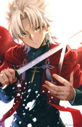 Rule 34 | 1boy, amakusa shirou (fate), brown eyes, cape, commentary request, cross, cross necklace, dark-skinned male, dark skin, earrings, fate/apocrypha, fate (series), glint, holding, holding sword, holding weapon, jewelry, long hair, looking at viewer, male focus, necklace, solo, soraao0322, stole, sword, weapon, white hair, yellow eyes