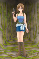 Rule 34 | 1girl, blue eyes, boots, breasts, brown hair, cleavage, female focus, gun, jill valentine, looking at viewer, medium breasts, plant, resident evil, resident evil 3: nemesis, serious, short hair, solo, strapless, tube top, vines, weapon, yu-ta.18