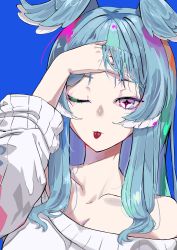 Rule 34 | 1girl, absurdres, blue background, blue eyes, breasts, cleavage, collarbone, colored eyelashes, elira pendora, elira pendora (1st costume), hand in own hair, head wings, highres, jellen aura, long hair, looking at viewer, nijisanji, nijisanji en, one eye closed, portrait, solo, sweater, tongue, tongue out, virtual youtuber, white sweater, wings