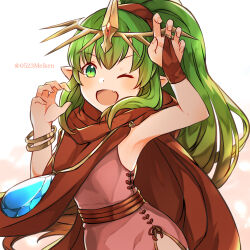Rule 34 | 1girl, ;d, bracelet, child, dress, fire emblem, fire emblem: mystery of the emblem, green eyes, green hair, highres, jewelry, long hair, nintendo, one eye closed, open mouth, pink dress, po pooch, pointy ears, ponytail, simple background, smile, solo, tiara, tiki (fire emblem), tiki (young) (fire emblem), twitter username, upper body, white background