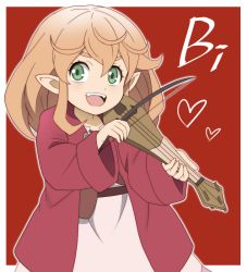 Rule 34 | :d, belt, belt pouch, blonde hair, bow (music), coat, fangs, green eyes, holding, holding instrument, instrument, long hair, looking at viewer, lyre, music, onomekaman, open mouth, playing instrument, pointy ears, pouch, red background, red coat, robina goodfellow, saihate no paladin, simple background, smile, solo, thick eyebrows, tunic