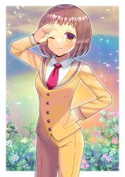 Rule 34 | 1girl, ;), arm behind head, arm up, blue flower, brown eyes, brown hair, closed mouth, cloud, collared shirt, commentary request, commission, day, flower, jacket, kou hiyoyo, long sleeves, looking at viewer, necktie, nobunagun, ogura shio, one eye closed, pants, pink flower, purple flower, red necktie, salute, shirt, skeb commission, smile, solo, white flower, white shirt, yellow jacket, yellow pants