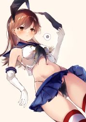 Rule 34 | 1girl, anger vein, beige background, black neckerchief, black panties, blue skirt, breasts, brown eyes, brown hair, cosplay, crop top, elbow gloves, gloves, highleg, highleg panties, highres, kantai collection, long hair, microskirt, midriff, nanahamu, navel, neckerchief, ooi (kancolle), panties, sailor collar, shimakaze (kancolle), shimakaze (kancolle) (cosplay), simple background, skirt, small breasts, solo, spoken anger vein, striped clothes, striped thighhighs, thighhighs, underwear, white gloves