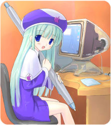 Rule 34 | apple inc., blue eyes, character request, computer, drawing tablet, green hair, hat, imac, keyboard (computer), long hair, looking at viewer, macintosh, os-tan, personification, solo, stylus, takayaki