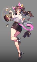 Rule 34 | 1girl, absurdres, animal ear fluff, animal ears, arms up, ass, bad id, bad twitter id, bag, bare legs, bell, belt, bow, brand name imitation, brown hair, cat ears, fang, from behind, full body, hair ornament, handbag, high heels, highres, holding, holding with tail, jingle bell, legs, lipstick, long hair, looking back, makeup, miniskirt, muloli, open mouth, original, pencil skirt, pink eyes, prehensile tail, red eyes, ribbon, shirt, shoes, shopping bag, skirt, smile, solo, tail, twintails