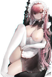 Rule 34 | absurdres, apron, black dress, blush, breasts, breasts out, chair, closed mouth, collarbone, detached collar, detached sleeves, dress, elbow gloves, frilled apron, frills, gloves, hair between eyes, haori io, highres, knee up, large breasts, long hair, looking at viewer, maid, maid apron, maid headdress, nipples, one side up, original, parted lips, puffy short sleeves, puffy sleeves, purple eyes, red hair, short sleeves, sidelocks, signature, simple background, sitting, solo, thighhighs, thighhighs pull, very long hair, waist apron, white apron, white background, white gloves, white thighhighs