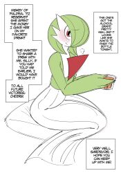 Rule 34 | 1girl, absurdres, alcohol, blush, bob cut, closed mouth, colored skin, creatures (company), cup, drink, drinking glass, english text, flat chest, flat color, from side, game freak, gardevoir, gen 3 pokemon, green hair, green skin, hair over one eye, hands up, happy, highres, holding, holding drink, holding drinking glass, legs together, looking at viewer, multicolored skin, nintendo, one eye covered, pokemon, pokemon (creature), puff of air, raised eyebrows, red eyes, saltyxodium, short hair, simple background, sitting, sketch, smile, split mouth, two-tone skin, whiskey, white background, white skin