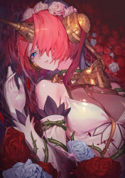 Rule 34 | 1girl, bare shoulders, blue eyes, blue flower, blue rose, breasts, broken, cleavage, clenched teeth, commentary request, damaged, detached sleeves, dress, elbow gloves, fate/apocrypha, fate (series), flower, flower wreath, frankenstein&#039;s monster (fate), gloves, gorget, hair flower, hair ornament, hair over one eye, hand up, head tilt, headgear, highres, horns, in water, looking at viewer, medium breasts, one eye covered, outstretched hand, parted lips, partially submerged, petals, pink hair, plant, red flower, red rose, rose, sb lama, see-through, see-through cleavage, shallow water, shiny clothes, short hair, short hair with long locks, single horn, solo, tagme, tears, teeth, thorns, vines, water, wet, wet hair, white dress, white flower, white gloves, white rose