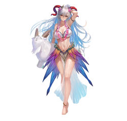Rule 34 | 1girl, absurdres, anklet, arm up, bare shoulders, barefoot, bikini, blue hair, breasts, cleavage, commentary request, fire emblem, fire emblem heroes, flower, freyja (fire emblem), full body, hair flower, hair ornament, highres, horns, jewelry, large breasts, long hair, looking at viewer, multicolored hair, navel, nintendo, official art, pelvic curtain, red eyes, shiny skin, silver hair, simple background, solo, standing, stomach, swimsuit, thighs, white background, yoshiku (oden-usagi)