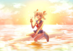 Rule 34 | 1girl, :d, backlighting, bad id, bad pixiv id, bare shoulders, bikini, blue bikini, blue eyes, blue hair, blue sailor collar, breasts, commentary, gawr gura, hair ornament, hair ribbon, hand up, hololive, hololive english, horizon, looking at viewer, mamel 27, mismatched bikini, multicolored hair, neckerchief, ocean, open mouth, red neckerchief, red ribbon, ribbon, sailor bikini, sailor collar, scrunchie, sharp teeth, small breasts, smile, solo, straddling, streaked hair, sunset, swimsuit, teeth, two side up, v, virtual youtuber, water, white bikini, white hair, wrist scrunchie, yellow scrunchie
