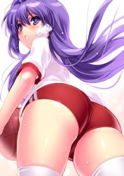 Rule 34 | 00s, 1girl, ass, ball, basketball, basketball (object), buruma, clannad, female focus, from below, fujibayashi kyou, gym uniform, jpeg artifacts, long hair, looking back, parted lips, purple eyes, purple hair, skindentation, solo, sweat, thighhighs, thighs, white thighhighs, zen