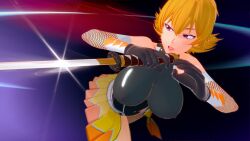 Rule 34 | 1girl, 3d, action taimanin, artist request, black leotard, blonde hair, blue eyes, breasts, fishnets, holding, holding knife, holding weapon, igawa sakura, jumping, knife, large breasts, leotard, looking to the side, shiny skin, short hair, smile, taimanin (series), taimanin asagi, taimanin rpgx, taimanin suit, weapon, wide hips
