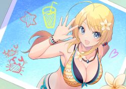 Rule 34 | 1girl, :d, absurdres, antenna hair, arm up, bikini, black bikini, blonde hair, blue eyes, blush, breasts, cleavage, collarbone, drawings, from above, front-tie bikini top, front-tie top, hachimiya meguru, hair tie, halterneck, highres, huge filesize, idolmaster, idolmaster shiny colors, jewelry, large breasts, layered bikini, looking at viewer, multicolored bikini, multicolored clothes, necklace, ocean, open mouth, photo (object), side-tie bikini bottom, sleeveless, smile, solo, swimsuit, tomatology3, water