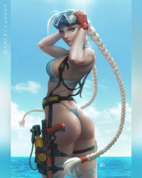 Rule 34 | 1girl, abs, artist name, ass, bare legs, bikini, blonde hair, blue bikini, blue eyes, blue sky, braid, breasts, cammy white, capcom, curvy, expressionless, fingerless gloves, gloves, goggles, goggles on head, highleg, highleg bikini, highres, huge ass, long hair, looking at viewer, looking back, medium breasts, navel, ocean, partially visible vulva, sky, smile, solo, standing, strapless, street fighter, swimsuit, thong, thong bikini, twin braids, union jack, union jack bikini, very long hair, water, water gun, wet