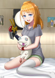 Rule 34 | 1girl, :d, absurdres, artist name, braid, decadence (anime), earrings, green shorts, grey shirt, hand up, highres, indoors, jewelry, kayama kouji, long hair, looking at viewer, natsume (decadence), on bed, open mouth, orange hair, pipe (decadence), poster (object), prosthesis, prosthetic arm, red wristband, shirt, short shorts, shorts, sitting, smile, thighhighs, v, white thighhighs, wristband