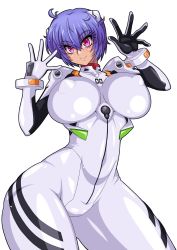 Rule 34 | 1girl, alternate breast size, ayanami rei, blue hair, bodysuit, breasts, covered erect nipples, curvy, great magami, highres, large breasts, long hair, looking at viewer, neon genesis evangelion, plugsuit, red eyes, shiny clothes, shiny skin, smile, solo, thighs, white bodysuit