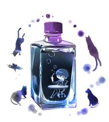 Rule 34 | 1boy, black cat, black hair, bottle, cat, chai (drawingchisanne), chair, closed eyes, highres, in bottle, in container, original, simple background, sitting, table, white background