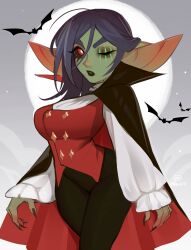 Rule 34 | 1girl, absurdres, bat (animal), black cape, black hair, black pants, black sclera, breasts, cape, colored sclera, colored skin, female goblin, goblin, green skin, highres, large breasts, long hair, looking at viewer, maewix (artist), one eye closed, original, pants, pointy ears, puffy sleeves, red cape, red eyes, red vest, scar, scar across eye, shirt, solo, two-sided cape, two-sided fabric, vest, white shirt