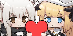 Rule 34 | 2girls, absurdres, arknights, bare shoulders, beret, black jacket, blonde hair, blue eyes, blush, brown eyes, chibi, closed mouth, commentary, english commentary, grey hair, hat, heart, highres, holding, holding heart, hood, hood down, hooded jacket, horns, irkawaza, jacket, looking at viewer, multiple girls, nightingale (arknights), portrait, ribbed sweater, shining (arknights), simple background, sleeveless, sleeveless turtleneck, smile, sweater, turtleneck, turtleneck sweater, white background, white headwear, white sweater