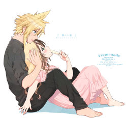 Rule 34 | 1boy, 1girl, aerith gainsborough, alternate costume, artist name, barefoot, black pants, blonde hair, blue eyes, blush, brown hair, casual, cloud strife, couple, dress, eating, final fantasy, final fantasy vii, final fantasy vii remake, food, frilled dress, frills, full body, green eyes, grey shirt, hair between eyes, hair down, highres, holding food, holding ice cream, ice cream, krudears, long hair, long sleeves, pants, parted bangs, parted lips, pink dress, shirt, short hair, short sleeves, sidelocks, sitting, sleeves rolled up, spiked hair, towel, towel on head, twitter username, wavy hair, white background