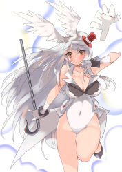 Rule 34 | 10s, 1girl, animal ears, arm up, armpits, black footwear, breasts, brown eyes, cane, cleavage, coat, covered navel, fake animal ears, fake wings, gloves, hair ornament, hairband, hat, head wings, kantai collection, large breasts, legs, leotard, long hair, mini hat, playboy bunny, rabbit, rabbit ears, red hat, sensen, shoes, shoukaku (kancolle), sleeveless, sleeveless coat, smile, solo, standing, standing on one leg, tailcoat, thighs, very long hair, white gloves, white hair, wings