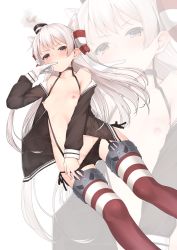 Rule 34 | 1girl, absurdres, amatsukaze (kancolle), bare shoulders, black panties, blush, breasts, brown dress, brown eyes, dress, dutch angle, gloves, hair tubes, hat, heart, highres, kantai collection, long hair, long sleeves, looking at viewer, mini hat, nipples, open clothes, open dress, panties, panty pull, pulled by self, red thighhighs, sailor collar, sailor dress, short dress, side-tie panties, silver hair, simple background, small breasts, smoke, smokestack, solo, thighhighs, two side up, underwear, very long hair, white background, white gloves, white sailor collar, zetsuriinu (kairyougata), zoom layer