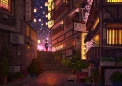 Rule 34 | 1girl, building, cherry blossoms, commentary request, fox mask, house, japanese clothes, lantern, lantern festival, mask, night, original, outdoors, paper lantern, pavement, pei (sumurai), plant, potted plant, scenery, sign, solo, stairs, standing, very wide shot