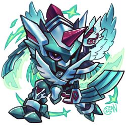 armor bird chibi digimon digimon_(creature) digimon_liberator dual_wielding feathers green_armor green_feathers holding horns mechanical_wings purple_eyes single_horn sword weapon wielding_weapon wings zephagamon