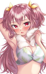 Rule 34 | 1girl, arm behind head, arm up, armpits, bare arms, bikini, blush, breasts, cleavage, collarbone, commentary request, fang, hair between eyes, hand up, highres, long hair, looking at viewer, momoi airi, open mouth, project sekai, red eyes, red hair, simple background, small breasts, solo, swimsuit, towel, towel around neck, two side up, upper body, very long hair, wet, white background, white bikini, yomogi (becr)