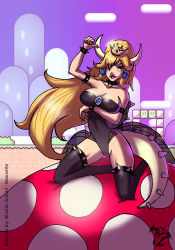 Rule 34 | armlet, bad ass, bare hips, black dress, black thighhighs, blonde hair, blue eyes, bowsette, bracelet, breasts, character name, cleavage, dress, fly agaric, full body, hair over one eye, horns, jewelry, kneeling, leotard, long hair, lord nicomic, mushroom, pointy ears, self-upload, solo, spiked armlet, spiked bracelet, spikes, thighhighs, very long hair