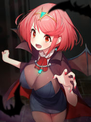 Rule 34 | 1girl, alternate costume, bat (animal), bat wings, breasts, chest jewel, earrings, fangs, green322, halloween, highres, jewelry, large breasts, nail polish, pyra (xenoblade), red eyes, red hair, short hair, solo, swept bangs, vampire, wings, xenoblade chronicles (series), xenoblade chronicles 2