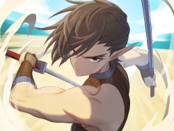 Rule 34 | 1boy, aquaplus, bare shoulders, brown eyes, brown hair, commission, dual wielding, eyes visible through hair, gauntlets, hair over one eye, holding, holding weapon, katana, looking at viewer, muscular, muscular male, nose, notcy4n, oboro (utawarerumono), parted lips, pointy ears, short hair, sleeveless, solo, swept bangs, sword, upper body, utawarerumono, weapon, wind