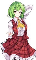 Rule 34 | 1girl, arm behind head, ascot, closed mouth, collared shirt, frilled skirt, frills, green hair, highres, kazami yuuka, long sleeves, looking at viewer, orchid (orukido), plaid, plaid vest, red eyes, red vest, shirt, short hair, simple background, skirt, smile, solo, touhou, vest, white background, white shirt, yellow ascot